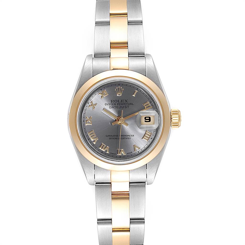 The image shows a frontal view of a Rolex Datejust 69163 Women's Stainless Steel Grey Dial 69163 Women's Stainless Steel Grey Dial watch, highlighting the dial, bezel, bracelet, and date magnifier.
