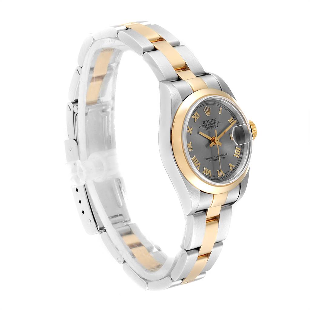 This Rolex Datejust 69163 Women's Stainless Steel Grey Dial 69163 Women's Stainless Steel Grey Dial watch is shown at a slight side angle, displaying the face, bezel, crown, and bracelet.