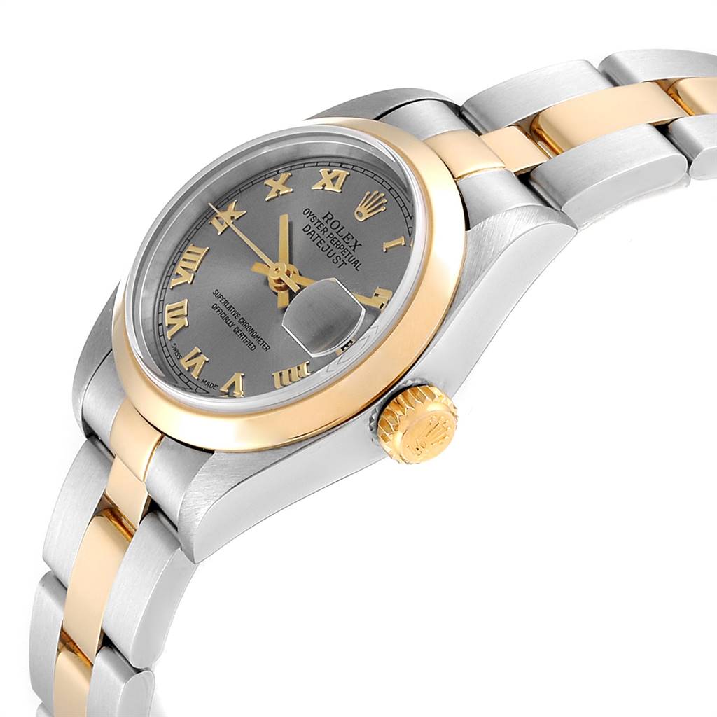 This image shows a side-angle view of the Rolex Datejust 69163 Women's Stainless Steel Grey Dial 69163 Women's Stainless Steel Grey Dial watch, highlighting the bezel, dial, crown, and bracelet.