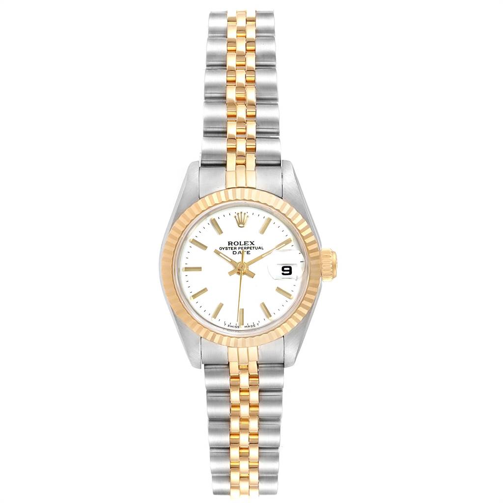 The image shows a front view of a Rolex Datejust 69173 Women's Stainless Steel White Dial 69173 Women's Stainless Steel White Dial watch with a two-tone bracelet and fluted bezel.
