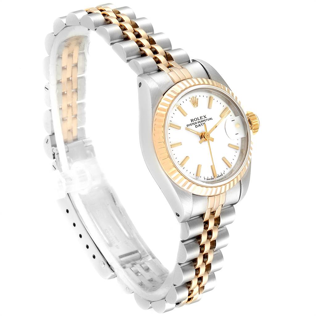 The image shows a Rolex Datejust 69173 Women's Stainless Steel White Dial 69173 Women's Stainless Steel White Dial watch angled to highlight its gold and silver bracelet and white dial with gold markers.
