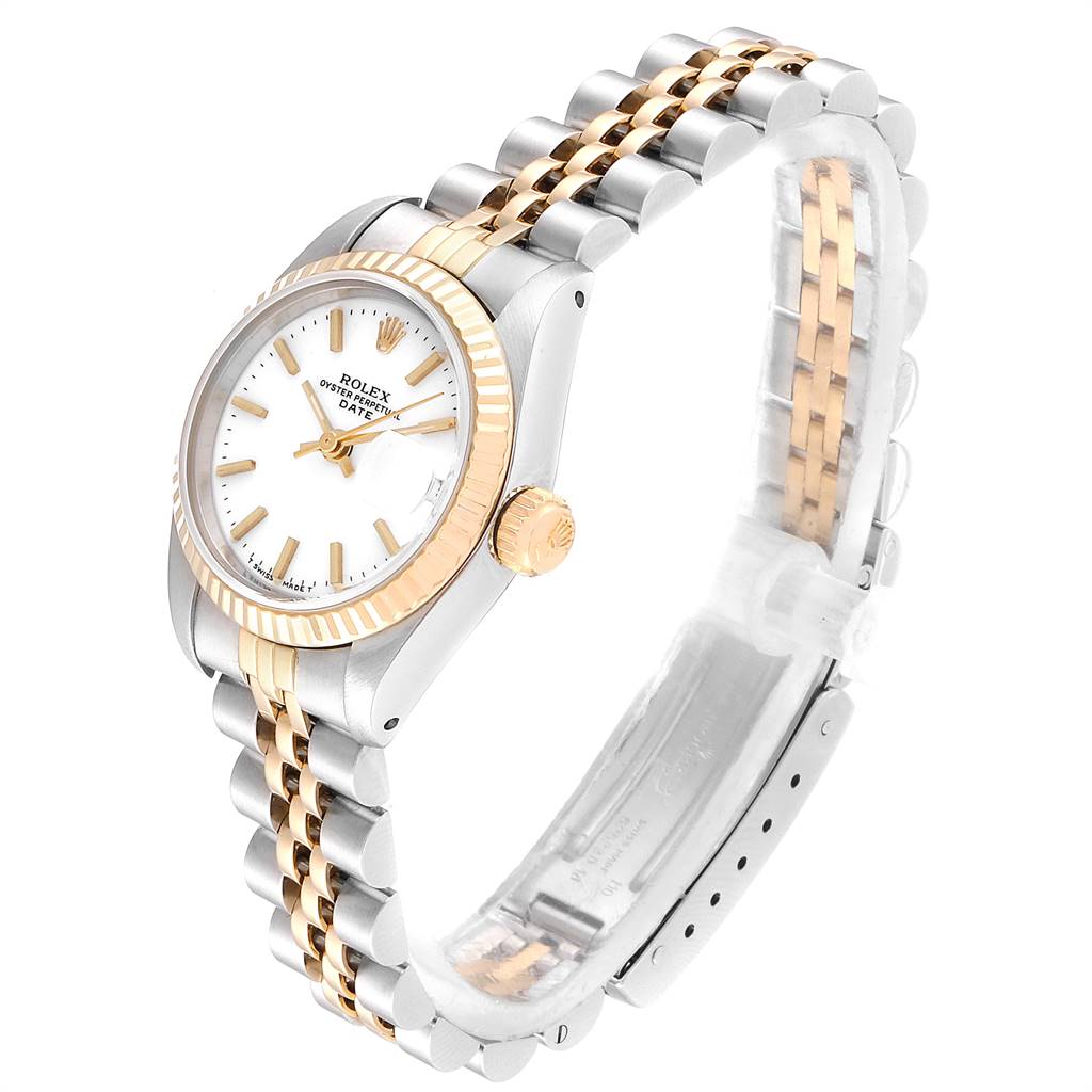 The image shows a Rolex Datejust 69173 Women's Stainless Steel White Dial 69173 Women's Stainless Steel White Dial watch at a three-quarter angle, displaying the dial, case, crown, and two-tone bracelet.