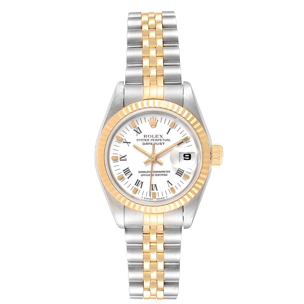 The image shows a frontal view of a Rolex Datejust 69173 Women's Steel and Gold (two tone) White Dial 69173 Women's Steel and Gold (two tone) White Dial watch featuring a two-tone bracelet and a white dial with Roman numerals.