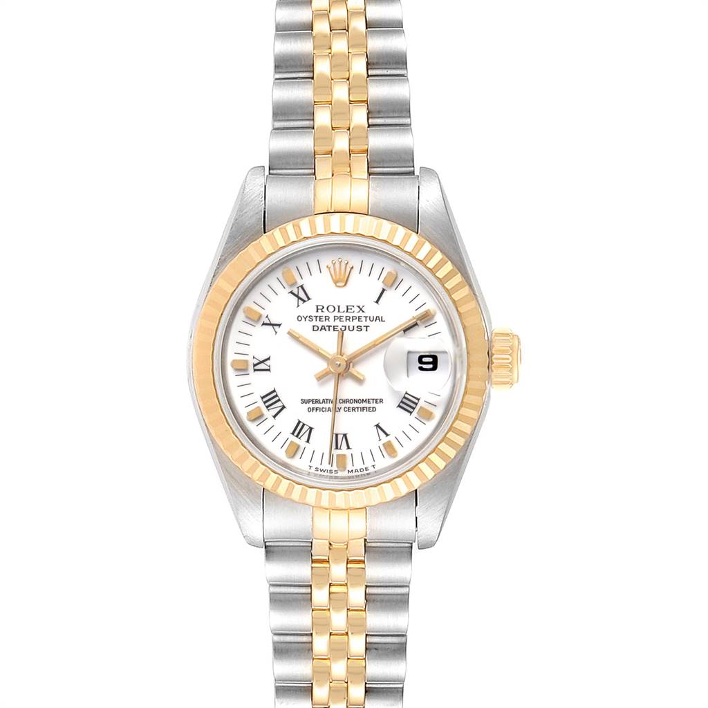 The image shows a frontal view of a Rolex Datejust 69173 Women's Steel and Gold (two tone) White Dial 69173 Women's Steel and Gold (two tone) White Dial watch, highlighting the dial, bezel, and bracelet.