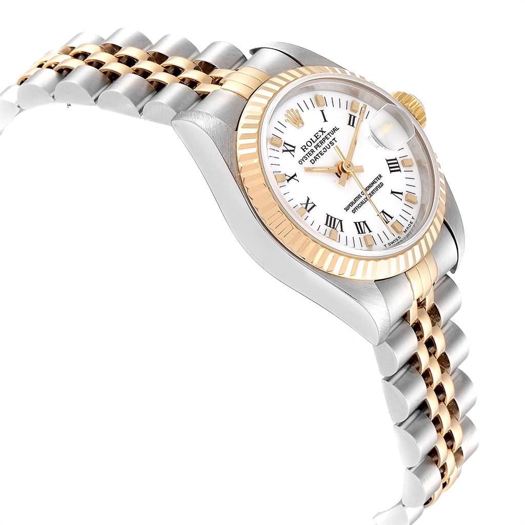 The image shows a side view of the Rolex Datejust 69173 Women's Steel and Gold (two tone) White Dial 69173 Women's Steel and Gold (two tone) White Dial watch, highlighting its bezel, dial, crown, and part of the bracelet.