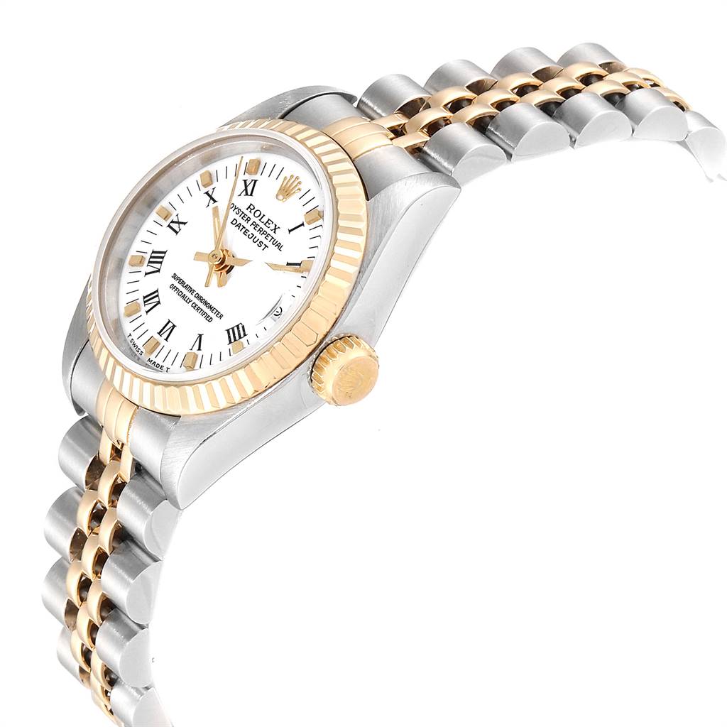 The image shows a Rolex Datejust 69173 Women's Steel and Gold (two tone) White Dial 69173 Women's Steel and Gold (two tone) White Dial watch at an angled side view, featuring the crown, bezel, dial, and part of the bracelet.