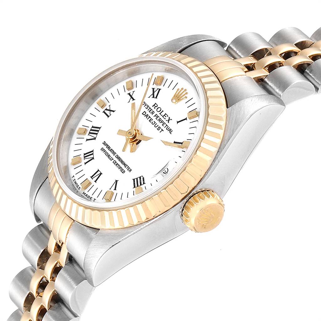 This image shows a Rolex Datejust 69173 Women's Steel and Gold (two tone) White Dial 69173 Women's Steel and Gold (two tone) White Dial watch at an angled side view, highlighting the dial, bezel, crown, and part of the bracelet.