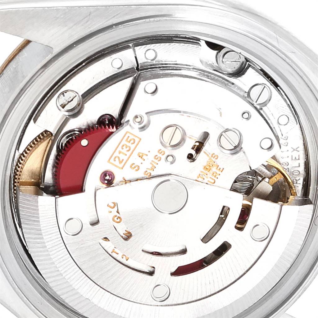 This image shows a close-up of the Rolex Datejust 69173 Women's Steel and Gold (two tone) White Dial 69173 Women's Steel and Gold (two tone) White Dial watch movement from a top view.