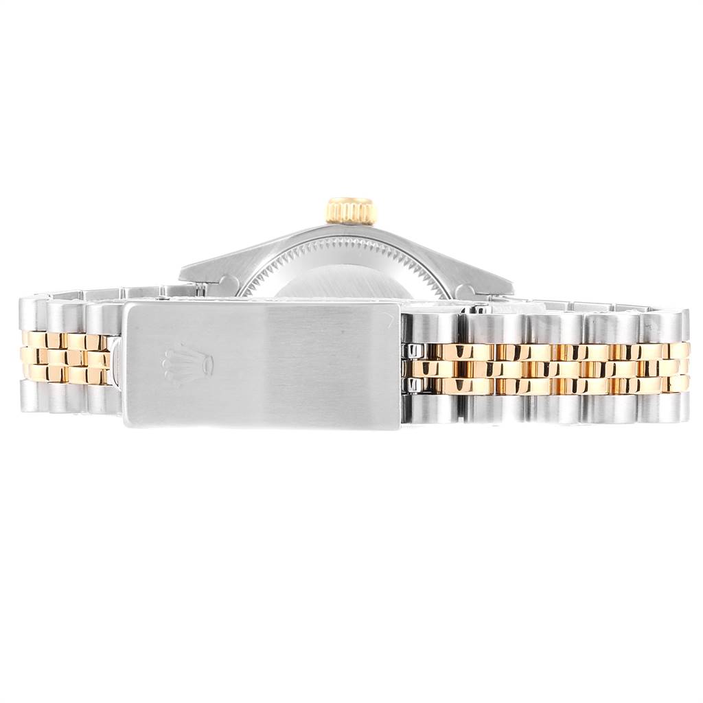 This image shows the clasp and back of the Rolex Datejust 69173 Women's Steel and Gold (two tone) White Dial 69173 Women's Steel and Gold (two tone) White Dial watch, featuring a two-tone metal bracelet and crown.