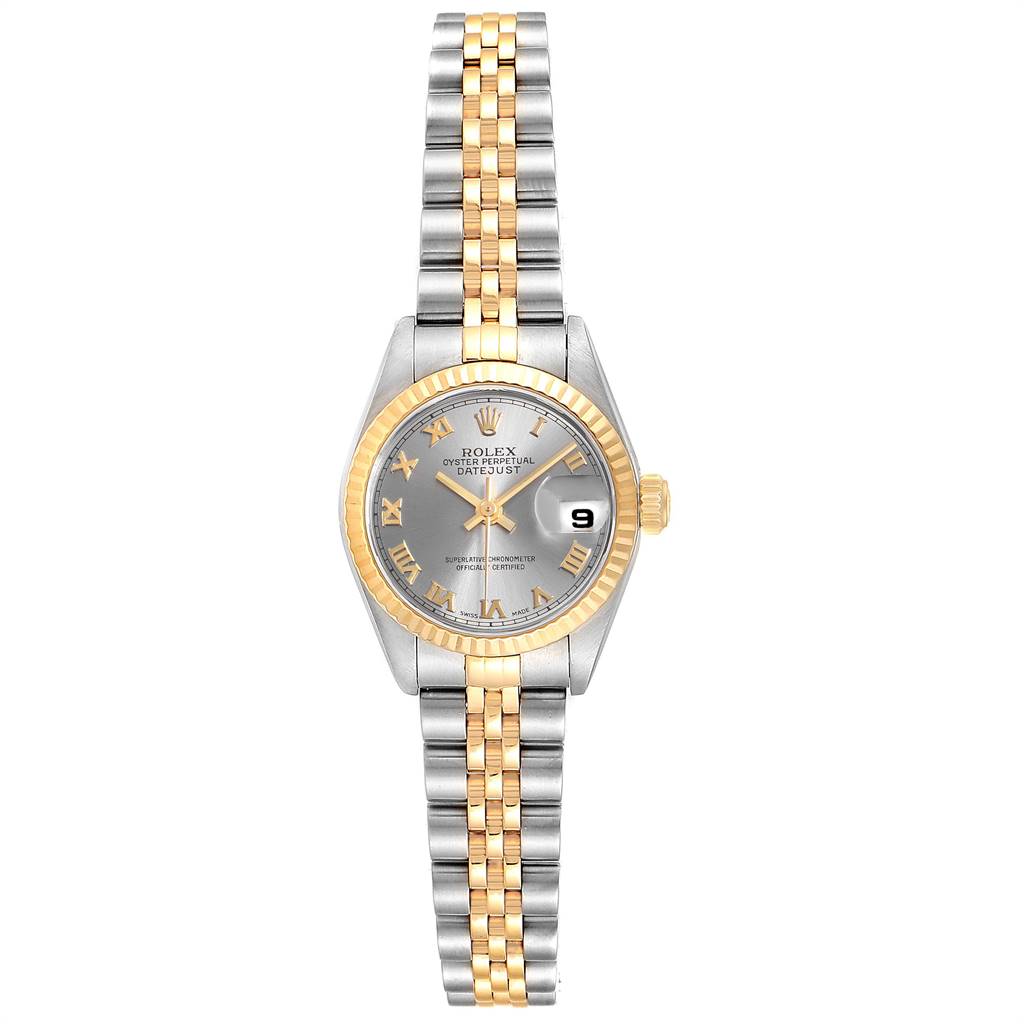 This Rolex Datejust 79173 Women
s Steel and Gold (two tone) Grey Dial 79173 Women
s Steel and Gold (two tone) Grey Dial watch is shown from a front angle, displaying its face, dial, bezel, and bracelet.