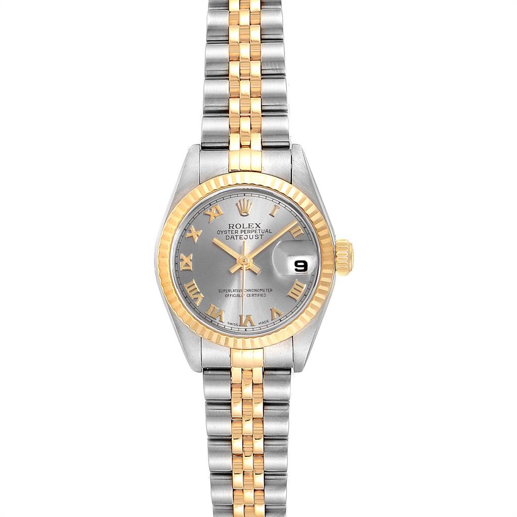 The image shows a front view of a Rolex Datejust 79173 Women
s Steel and Gold (two tone) Grey Dial 79173 Women
s Steel and Gold (two tone) Grey Dial watch, highlighting its two-tone bracelet, bezel, and dial.