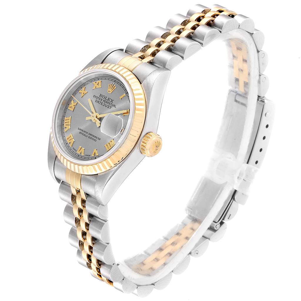 The Rolex Datejust 79173 Women
s Steel and Gold (two tone) Grey Dial 79173 Women
s Steel and Gold (two tone) Grey Dial watch is shown at a three-quarter angle, highlighting the dial, bezel, and bracelet.
