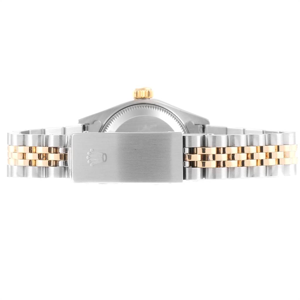The image shows the back view of a Rolex Datejust 79173 Women
s Steel and Gold (two tone) Grey Dial 79173 Women
s Steel and Gold (two tone) Grey Dial watch, focusing on the two-tone bracelet and clasp.