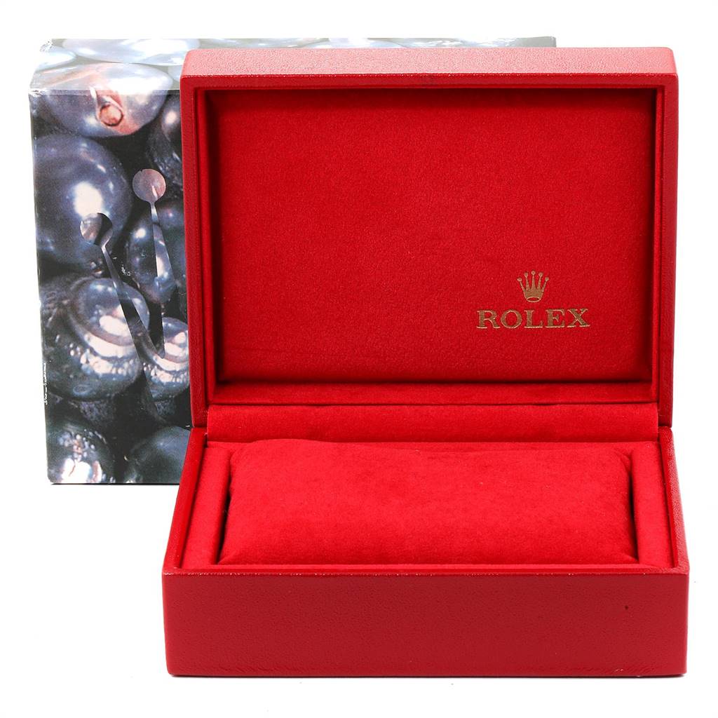 The image shows an open red Rolex Datejust 69173 Women's Steel and Gold (two tone) White Dial 69173 Women's Steel and Gold (two tone) White Dial watch box with the Rolex logo inside the lid.