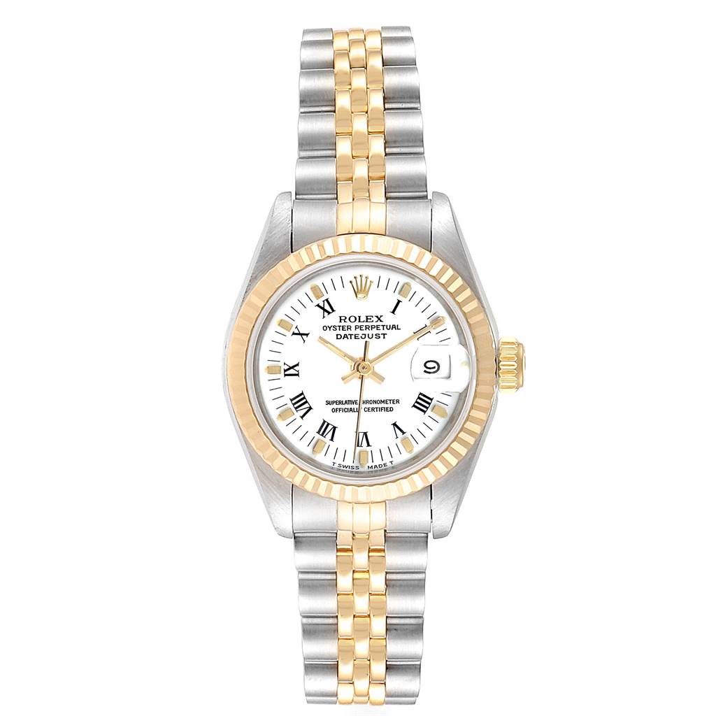 The image shows a front view of the Rolex Datejust 69173 Women's Steel and Gold (two tone) White Dial 69173 Women's Steel and Gold (two tone) White Dial watch, displaying its dial, bezel, and two-tone bracelet.