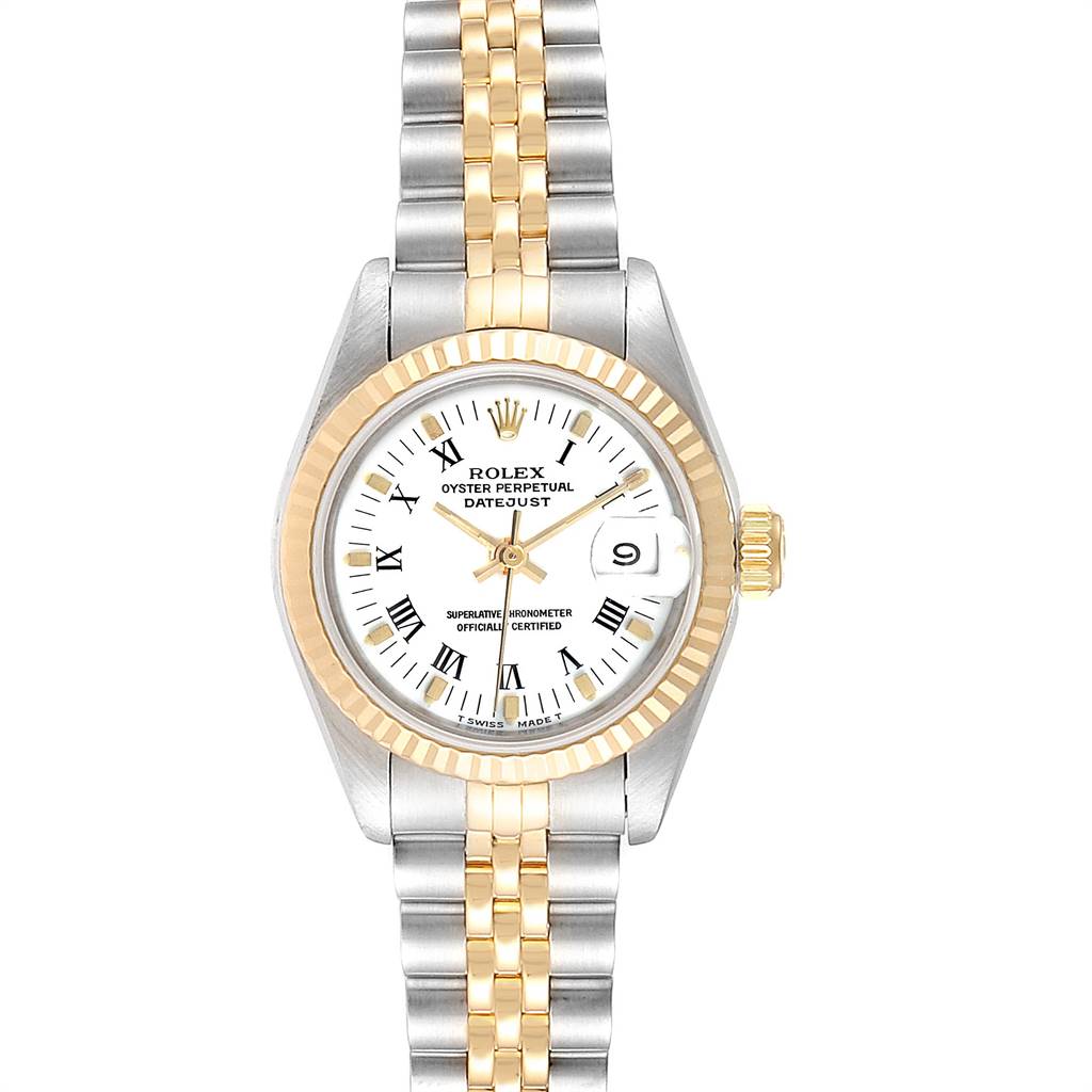 This image shows a Rolex Datejust 69173 Women's Steel and Gold (two tone) White Dial 69173 Women's Steel and Gold (two tone) White Dial watch from a top-down angle, displaying its two-tone bracelet, white dial, and date window.