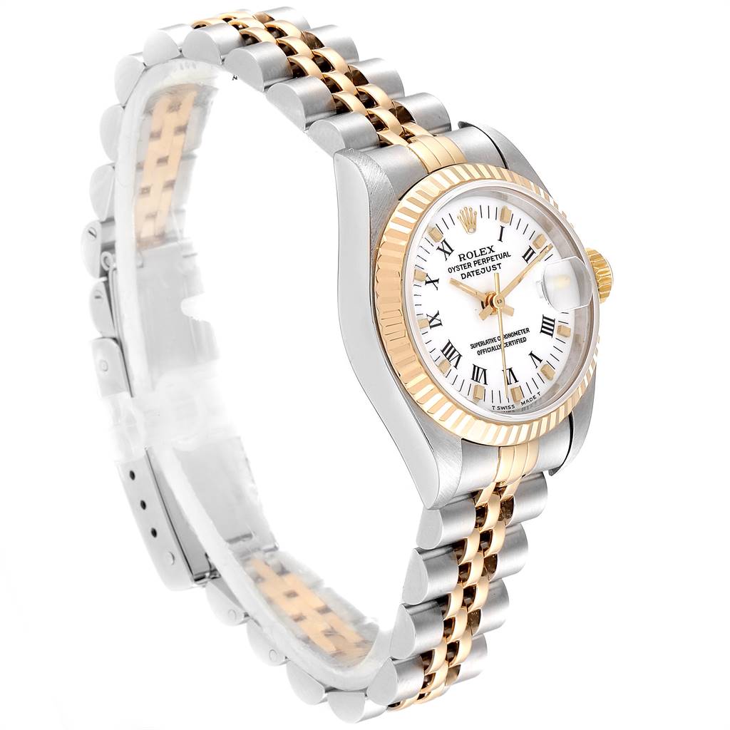 The Rolex Datejust 69173 Women's Steel and Gold (two tone) White Dial 69173 Women's Steel and Gold (two tone) White Dial watch is shown at a slight angle, displaying its gold and silver jubilee bracelet and white dial with Roman numerals.