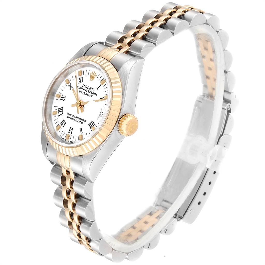 This image shows a Rolex Datejust 69173 Women's Steel and Gold (two tone) White Dial 69173 Women's Steel and Gold (two tone) White Dial watch at a three-quarter angle, highlighting the gold and silver bracelet, bezel, and dial.