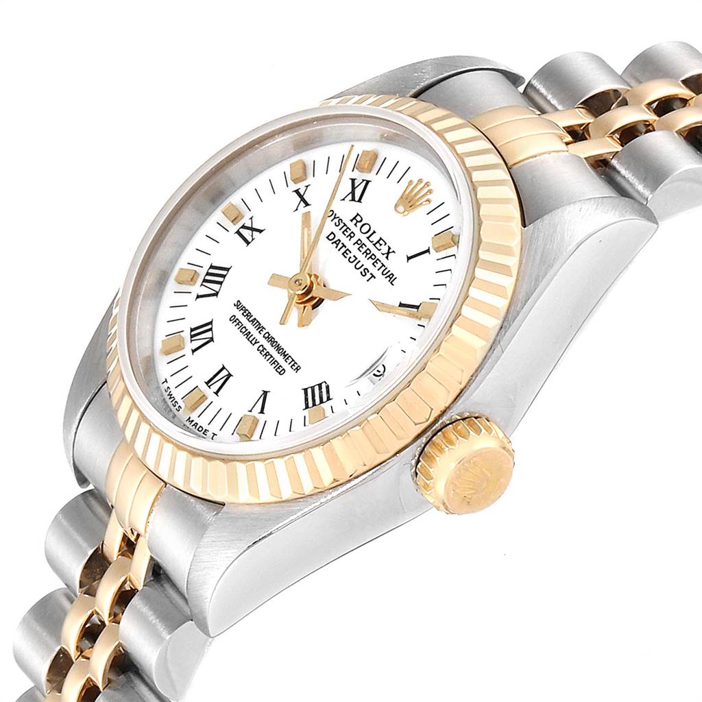 The image shows a Rolex Datejust 69173 Women's Steel and Gold (two tone) White Dial 69173 Women's Steel and Gold (two tone) White Dial watch at an angle highlighting the dial, bezel, crown, and part of the bracelet.