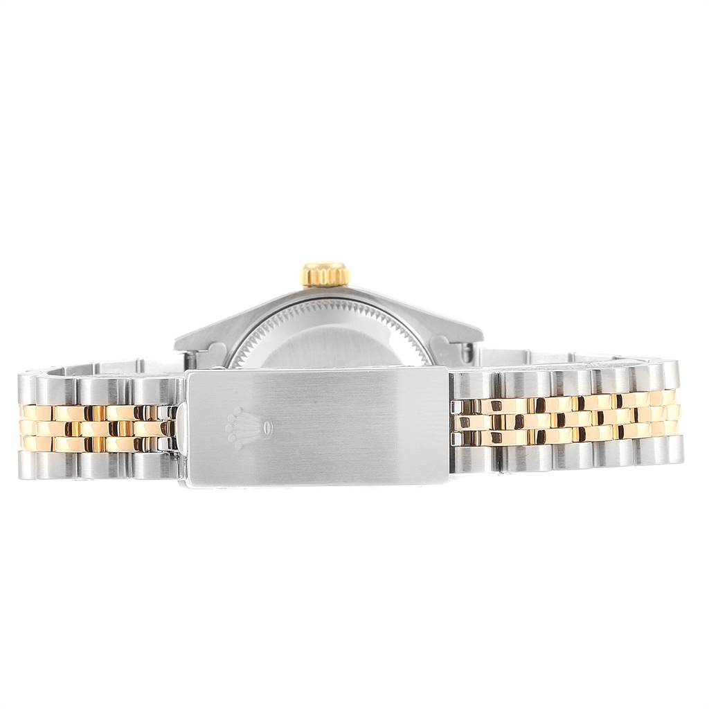 This image shows the rear side of a Rolex Datejust 69173 Women's Steel and Gold (two tone) White Dial 69173 Women's Steel and Gold (two tone) White Dial watch, focusing on the clasp and bracelet.