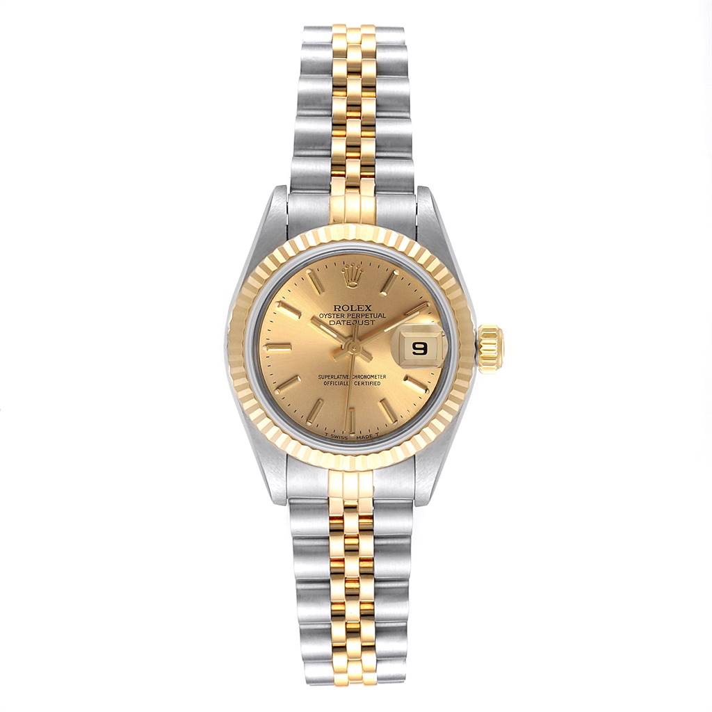 The image shows a frontal view of a Rolex Datejust 69173 Women's Stainless Steel Champagne Dial 69173 Women's Stainless Steel Champagne Dial watch with a two-tone bracelet and a gold dial.