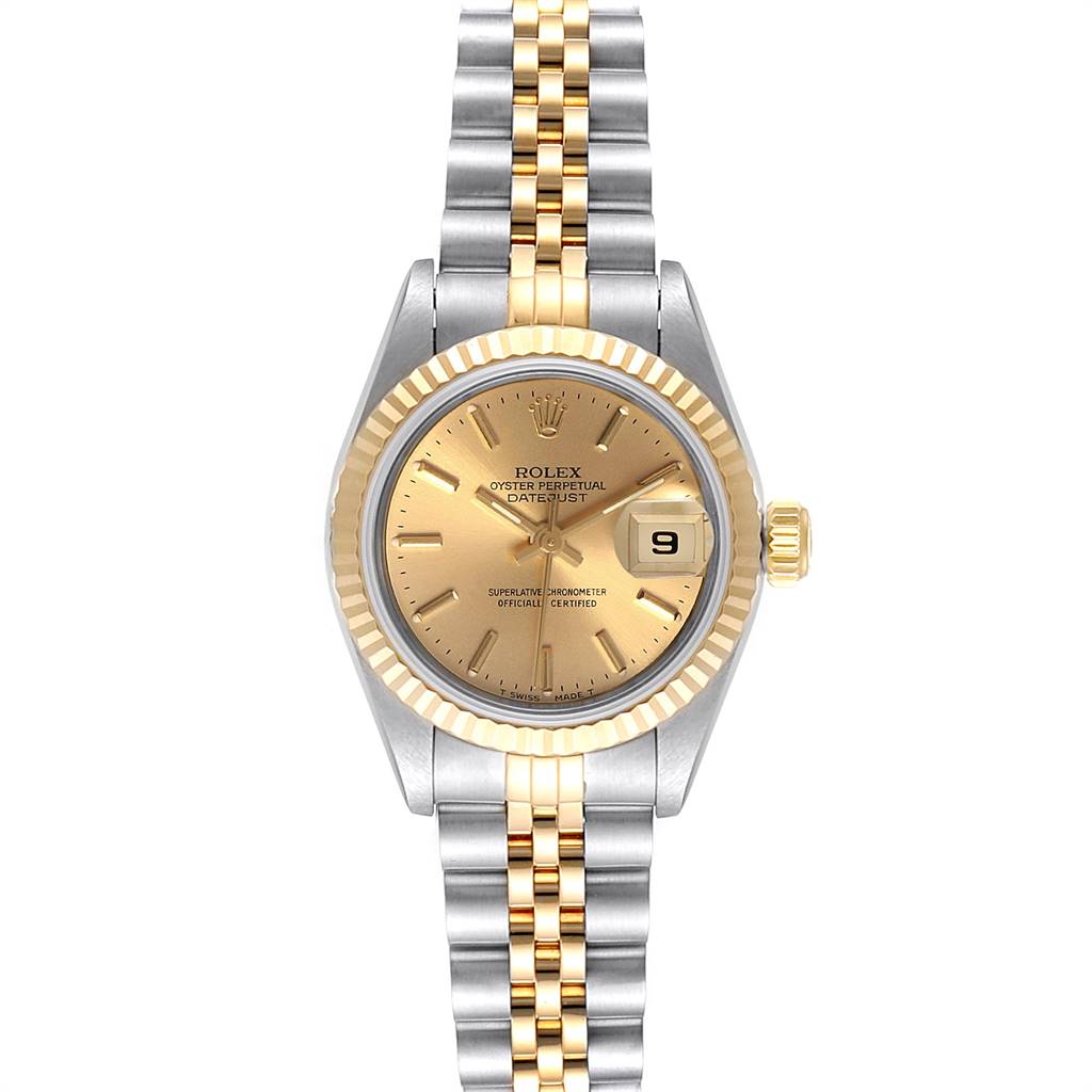 This image shows a front view of the Rolex Datejust 69173 Women's Stainless Steel Champagne Dial 69173 Women's Stainless Steel Champagne Dial watch, highlighting its dial, bezel, crown, and bracelet.