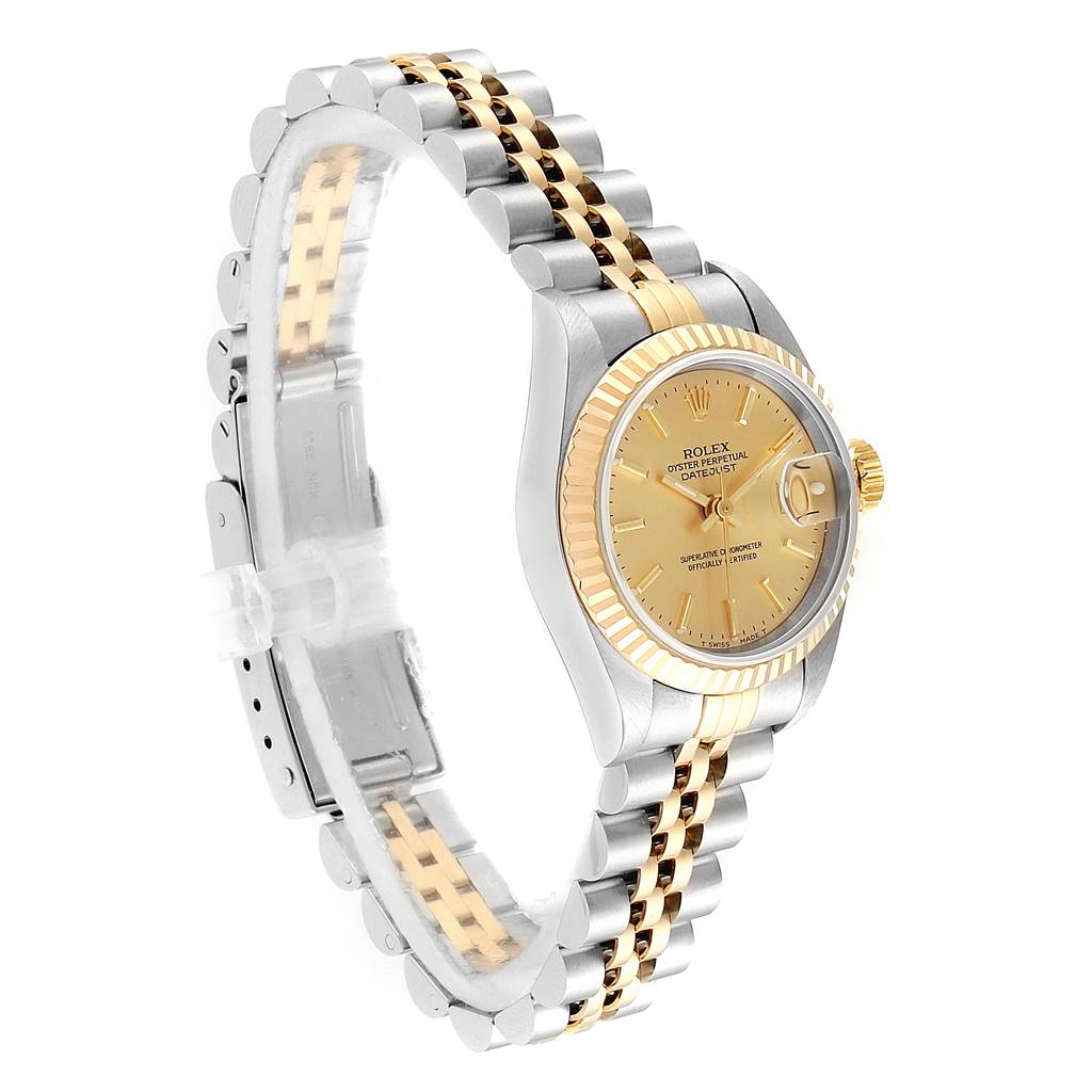 This image shows a side and front view of the Rolex Datejust 69173 Women's Stainless Steel Champagne Dial 69173 Women's Stainless Steel Champagne Dial watch, highlighting its two-tone band, gold dial, and fluted bezel.