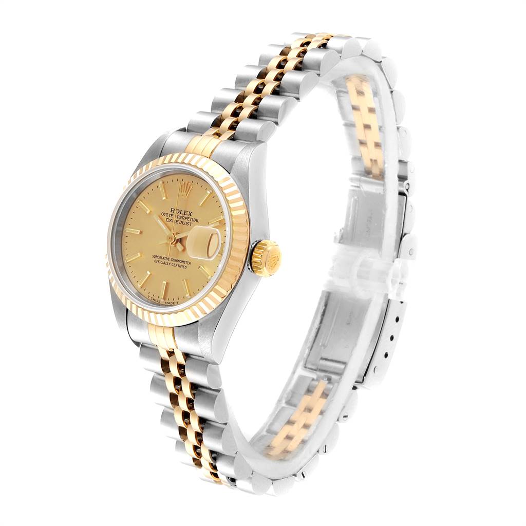 The Rolex Datejust 69173 Women's Stainless Steel Champagne Dial 69173 Women's Stainless Steel Champagne Dial watch is shown at an angled side view, displaying its dial, crown, bezel, and two-tone bracelet.
