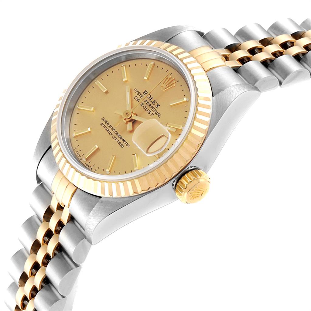 The image shows a Rolex Datejust 69173 Women's Stainless Steel Champagne Dial 69173 Women's Stainless Steel Champagne Dial watch at an angled side view, highlighting the dial, bezel, crown, and part of the bracelet.