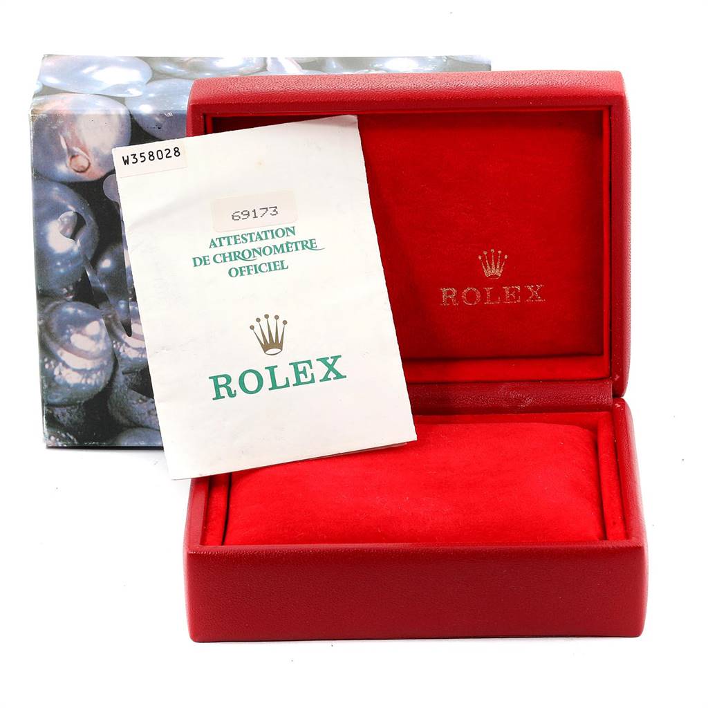 This image features a Rolex Datejust 69173 Women's Steel and Gold (two tone) White Dial 69173 Women's Steel and Gold (two tone) White Dial watch box, certificate, and outer packaging viewed from the front.