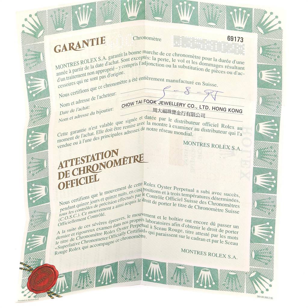 This image shows a warranty and official chronometer certificate for a Rolex Datejust 69173 Women's Steel and Gold (two tone) White Dial 69173 Women's Steel and Gold (two tone) White Dial watch.