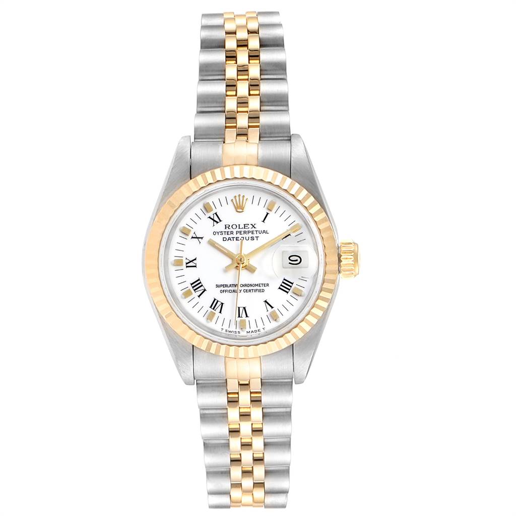 This image shows a Rolex Datejust 69173 Women's Steel and Gold (two tone) White Dial 69173 Women's Steel and Gold (two tone) White Dial model watch from a top angle, highlighting its face, bezel, and bracelet.