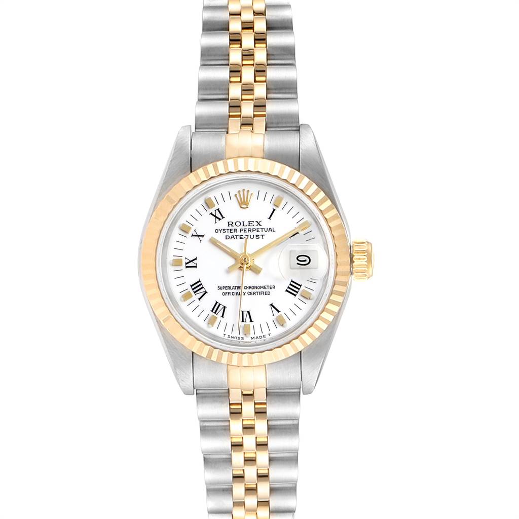 The Rolex Datejust 69173 Women's Steel and Gold (two tone) White Dial 69173 Women's Steel and Gold (two tone) White Dial watch is shown from a top-down angle, highlighting the face, bezel, and two-tone bracelet.