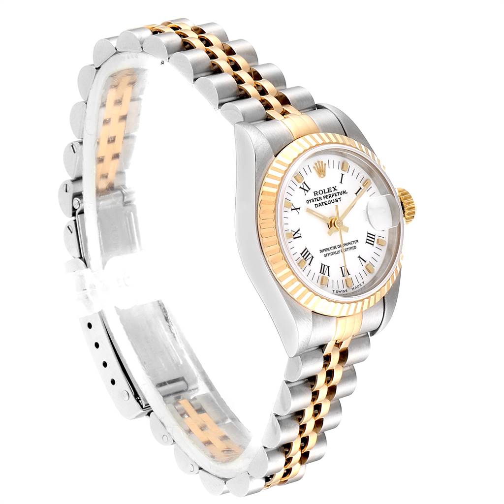 The image shows a Rolex Datejust 69173 Women's Steel and Gold (two tone) White Dial 69173 Women's Steel and Gold (two tone) White Dial watch at a slight oblique angle, highlighting its bezel, dial, crown, and Jubilee bracelet.