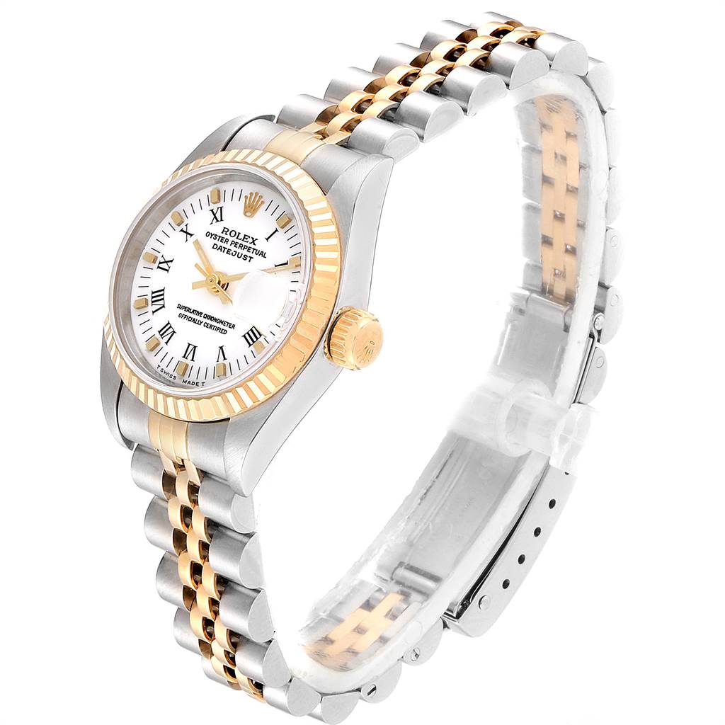The watch is shown at a side angle, highlighting the dial, crown, and two-tone bracelet of the Rolex Datejust 69173 Women's Steel and Gold (two tone) White Dial 69173 Women's Steel and Gold (two tone) White Dial model.