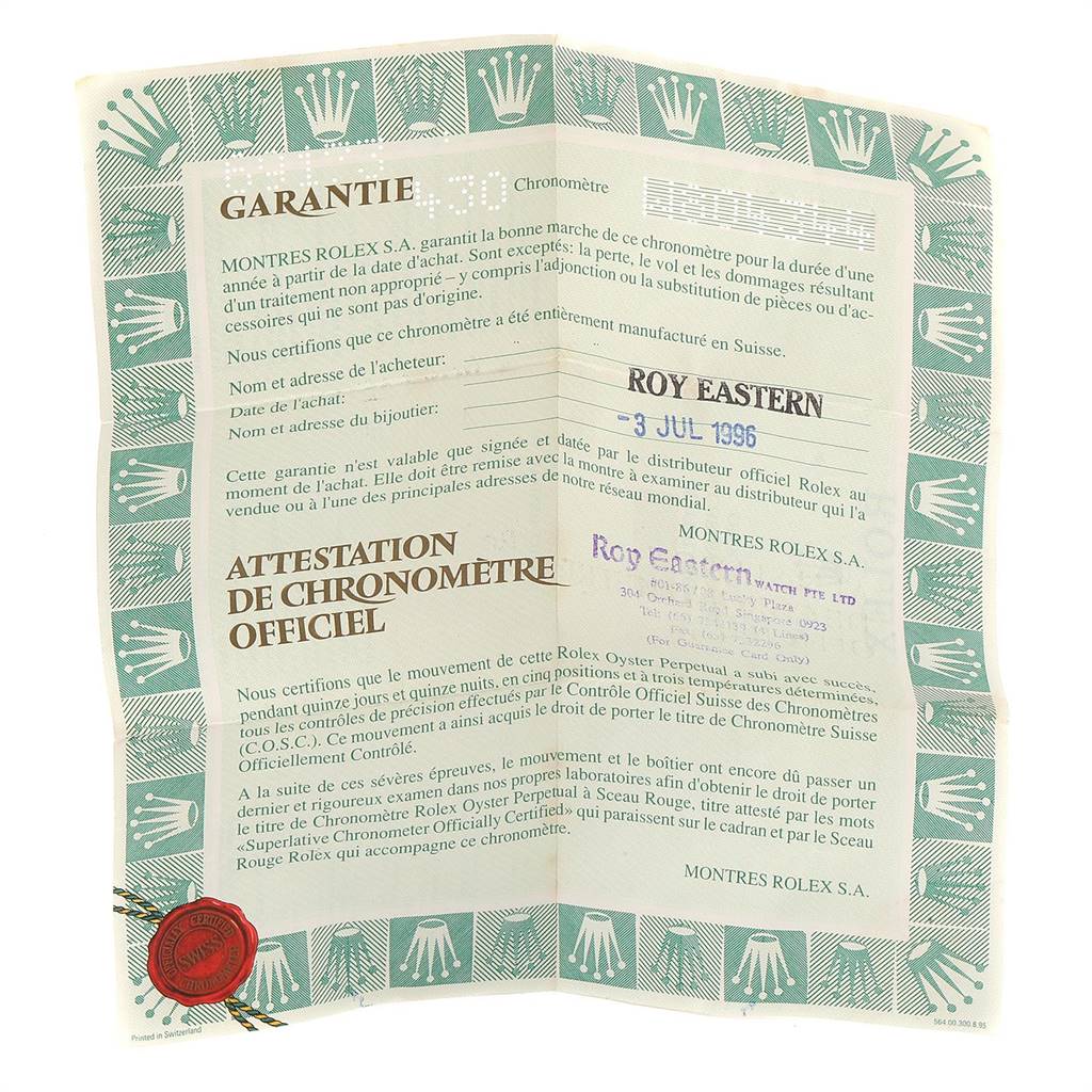 This image shows a guarantee certificate for the Rolex Datejust 69173 Women's Stainless Steel Beige Dial 69173 Women's Stainless Steel Beige Dial model watch.