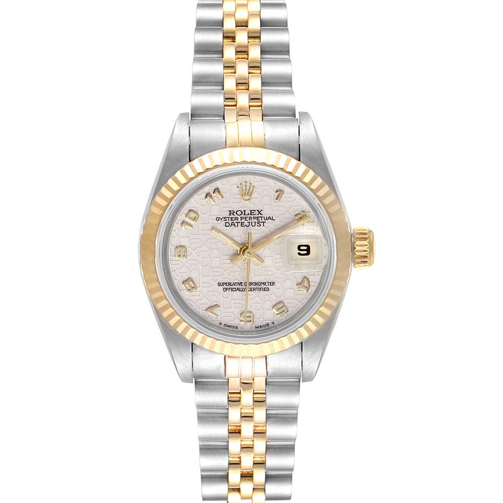 This image shows a full front view of a Rolex Datejust 69173 Women's Stainless Steel Beige Dial 69173 Women's Stainless Steel Beige Dial watch, featuring a two-tone bracelet and dial with a date display.