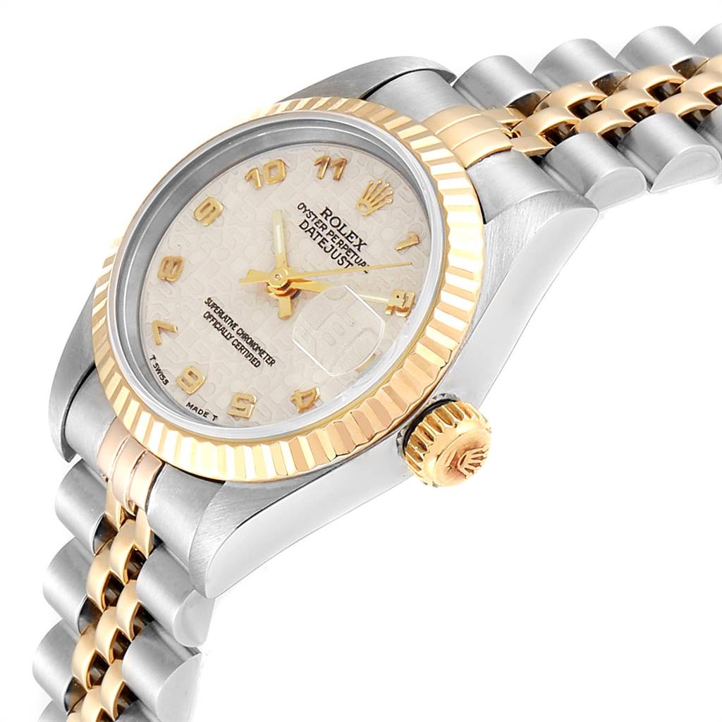 This image shows a Rolex Datejust 69173 Women's Stainless Steel Beige Dial 69173 Women's Stainless Steel Beige Dial watch at an angled view, highlighting the dial, bezel, crown, and part of the bracelet.