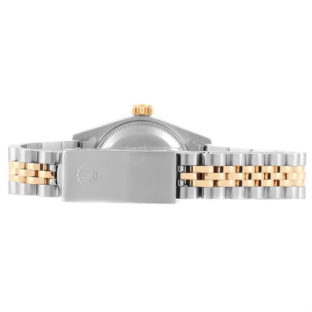 This image shows the backside and clasp of a Rolex Datejust 69173 Women's Stainless Steel Beige Dial 69173 Women's Stainless Steel Beige Dial watch, highlighting its two-tone bracelet and case back.