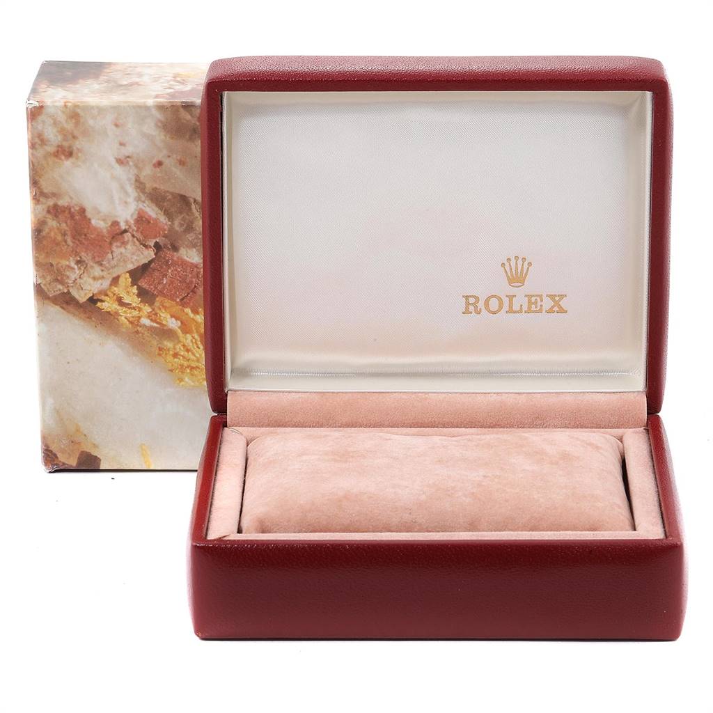 This image shows an open Rolex Datejust 69173 Women's Stainless Steel Champagne Dial 69173 Women's Stainless Steel Champagne Dial watch box at a front angle.