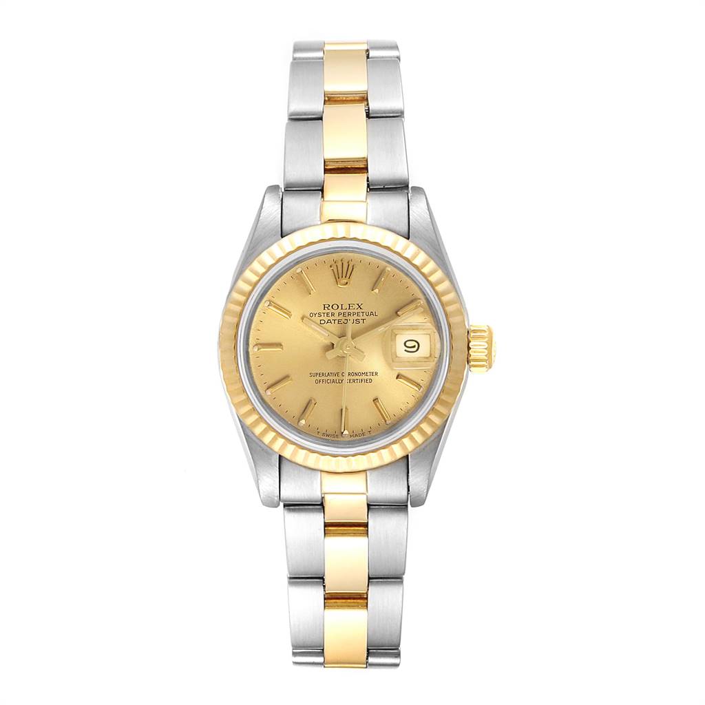 The image shows a front view of a Rolex Datejust 69173 Women's Stainless Steel Champagne Dial 69173 Women's Stainless Steel Champagne Dial watch, highlighting its gold dial, fluted bezel, and bi-metal bracelet.