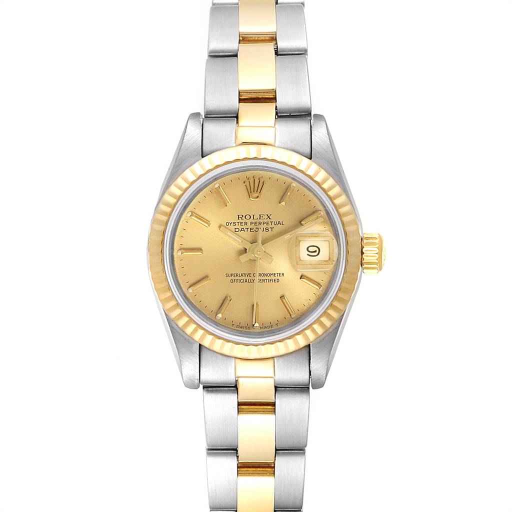 This image shows a Rolex Datejust 69173 Women's Stainless Steel Champagne Dial 69173 Women's Stainless Steel Champagne Dial watch from a top-down angle, highlighting the dial, bezel, and two-tone bracelet.