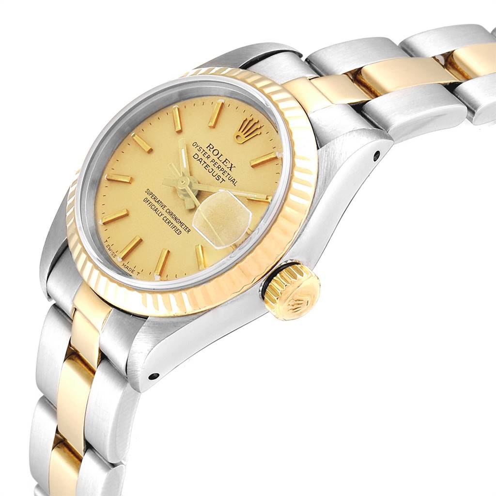 This image shows a close-up, angled view of a Rolex Datejust 69173 Women's Stainless Steel Champagne Dial 69173 Women's Stainless Steel Champagne Dial watch, highlighting its face, crown, and two-tone bracelet.