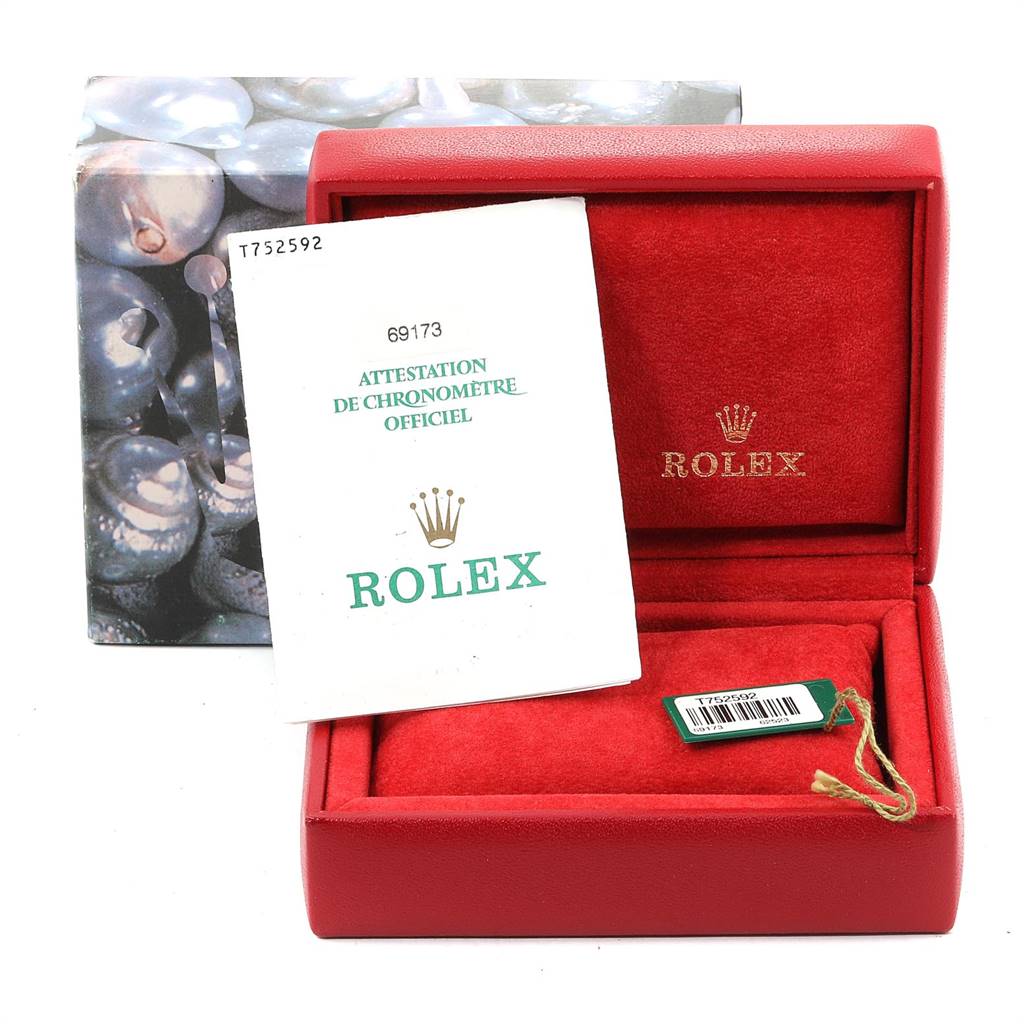 The image shows a Rolex Datejust 69173 Women's Stainless Steel Beige Dial 69173 Women's Stainless Steel Beige Dial model's red watch box, certification booklet, and tag, but no watch.