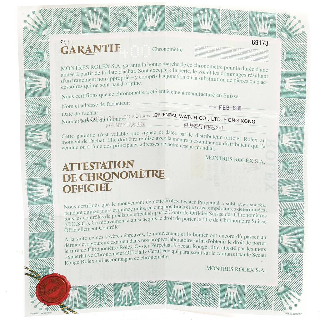 This image shows the warranty and certification papers for a Rolex Datejust 69173 Women's Stainless Steel Beige Dial 69173 Women's Stainless Steel Beige Dial watch.