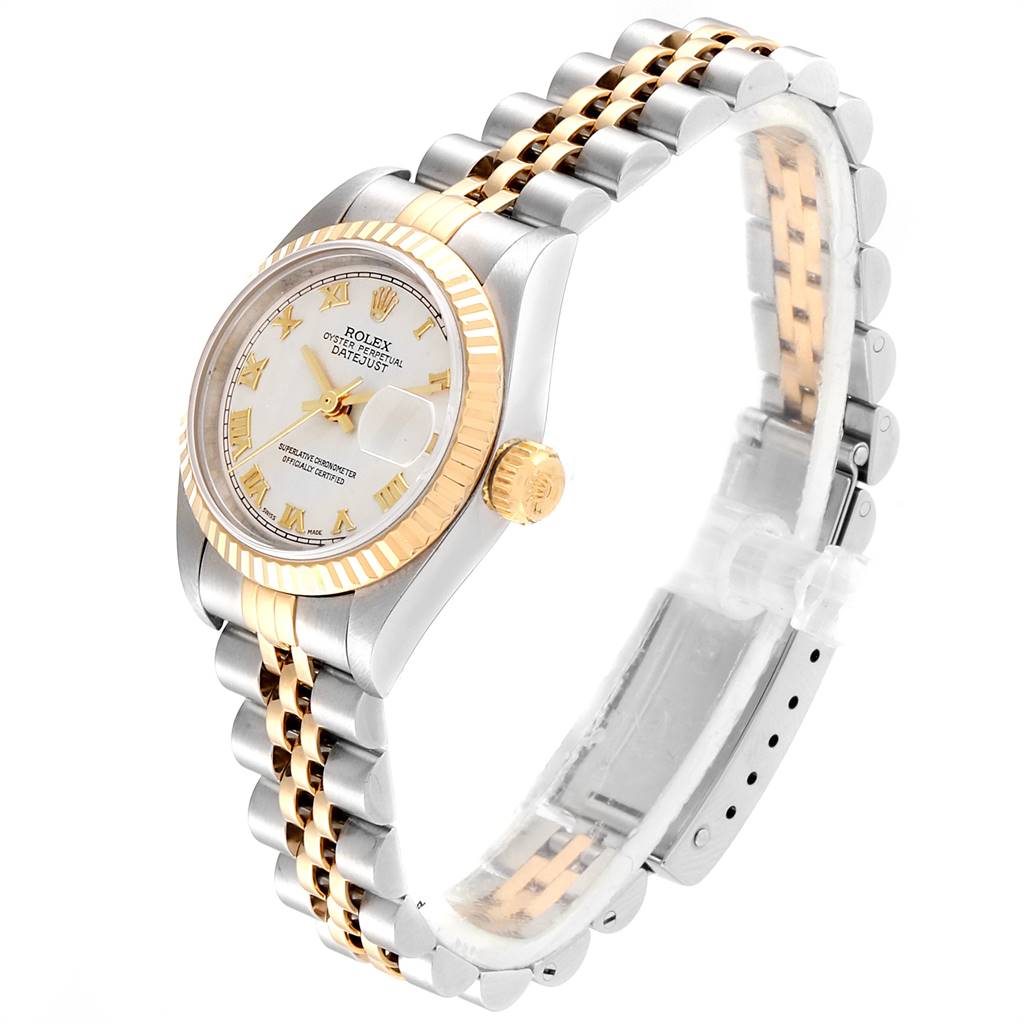The image shows a side view of the Rolex Datejust 69173 Women's Stainless Steel Beige Dial 69173 Women's Stainless Steel Beige Dial watch, highlighting the dial, bezel, crown, and bracelet.