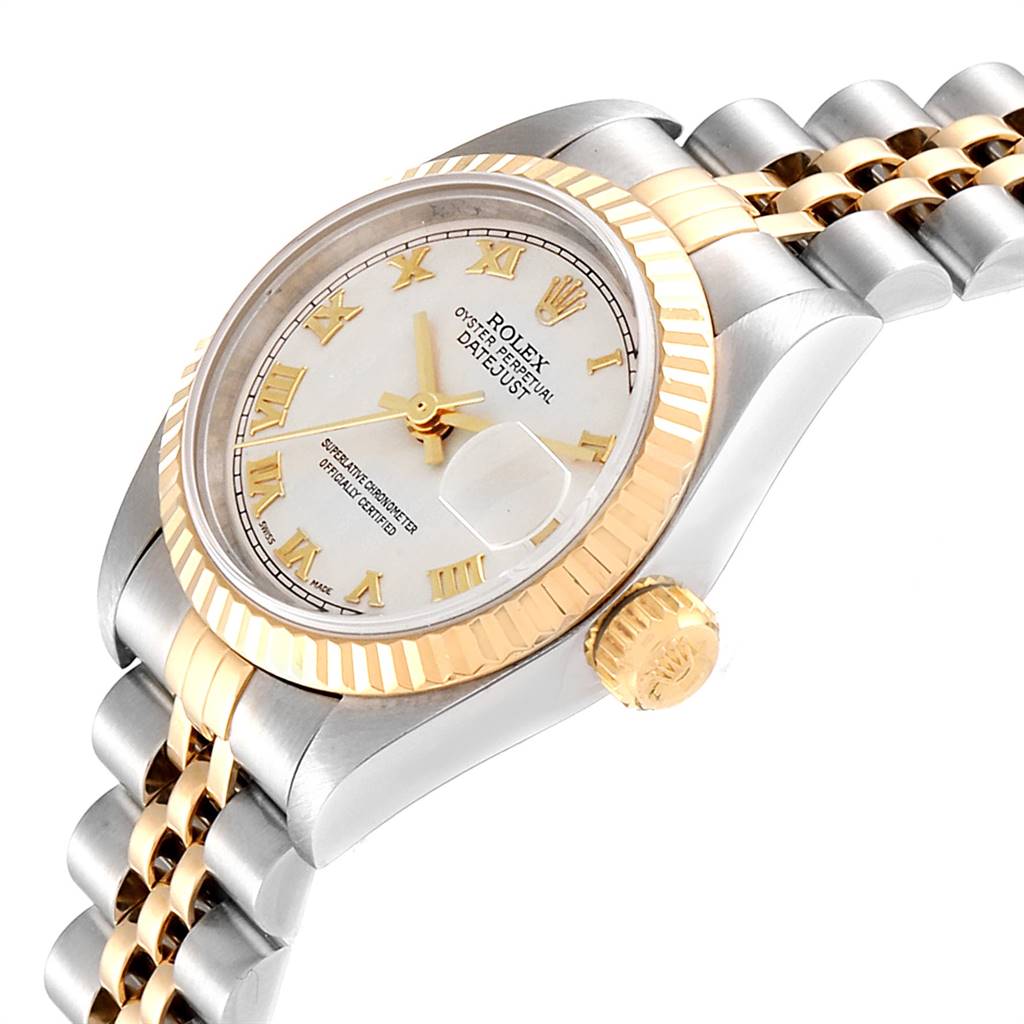 The image shows a side angle of a Rolex Datejust 69173 Women's Stainless Steel Beige Dial 69173 Women's Stainless Steel Beige Dial watch highlighting the dial, bezel, crown, and part of the bracelet.