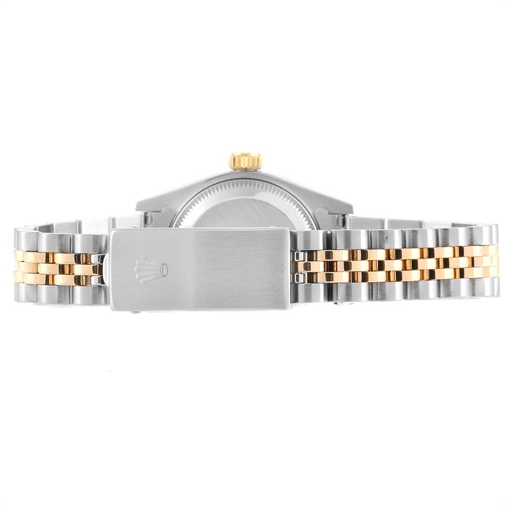 The image shows the back angle of a Rolex Datejust 69173 Women's Stainless Steel Beige Dial 69173 Women's Stainless Steel Beige Dial watch, focusing on its two-tone metal bracelet and clasp.
