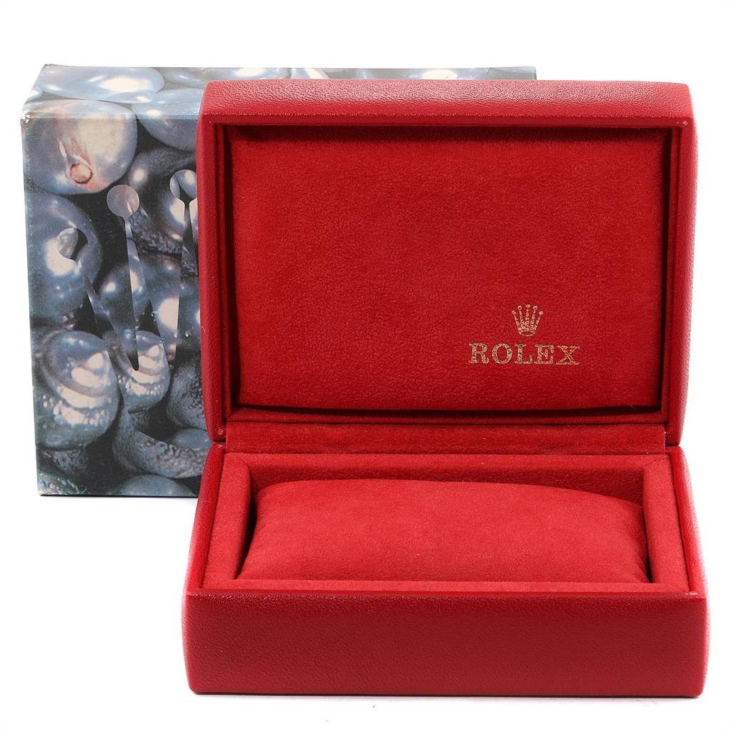 The image shows an open red box for a Rolex Datejust 69173 Women's Steel and Gold (two tone) Champagne Dial 69173 Women's Steel and Gold (two tone) Champagne Dial watch, with the brand name and logo on the inner lid.