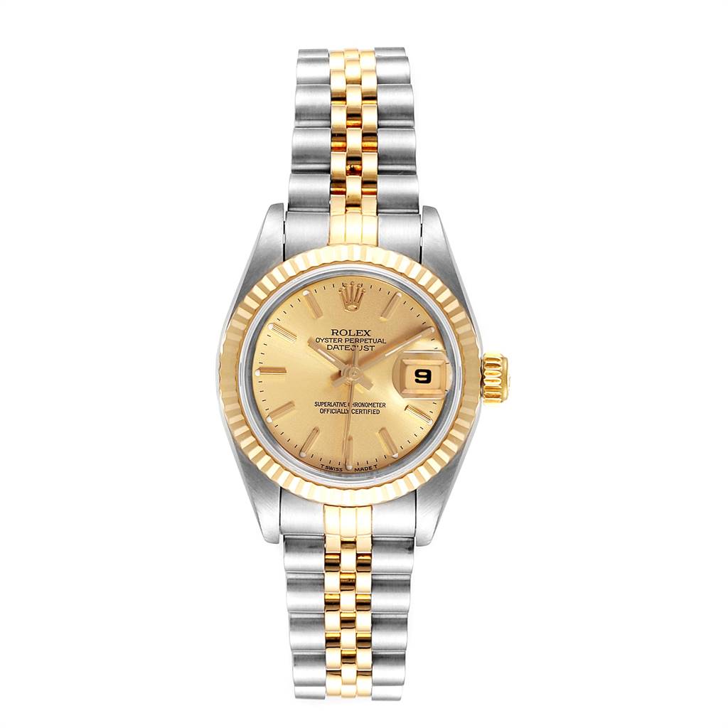 The Rolex Datejust 69173 Women's Steel and Gold (two tone) Champagne Dial 69173 Women's Steel and Gold (two tone) Champagne Dial watch is shown from a top-down angle, displaying the dial, hands, date window, bezel, and bracelet.